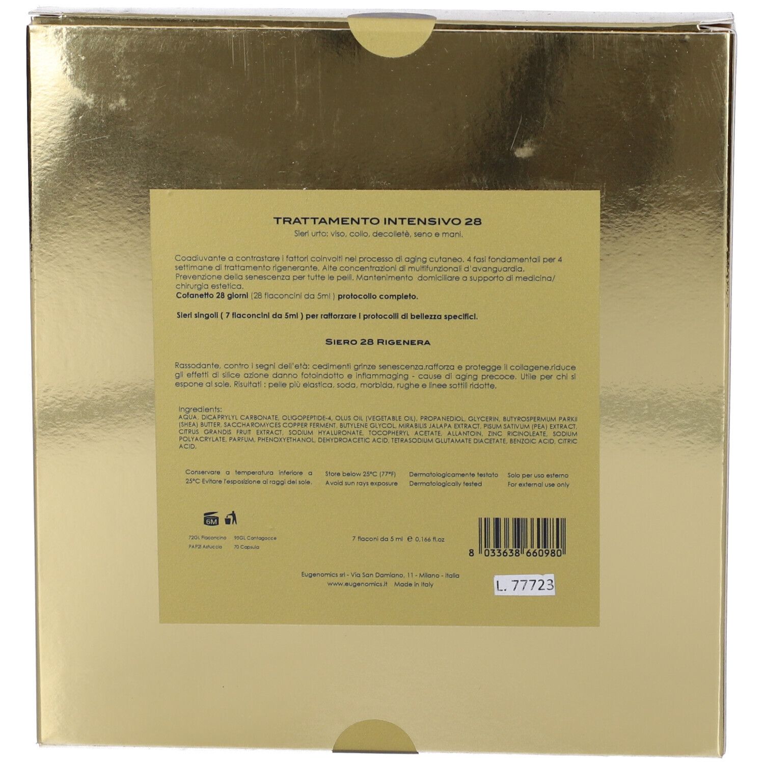 Retro della scatola. Testo: Trattamento Intensivo 28. Ingredienti e informazioni.