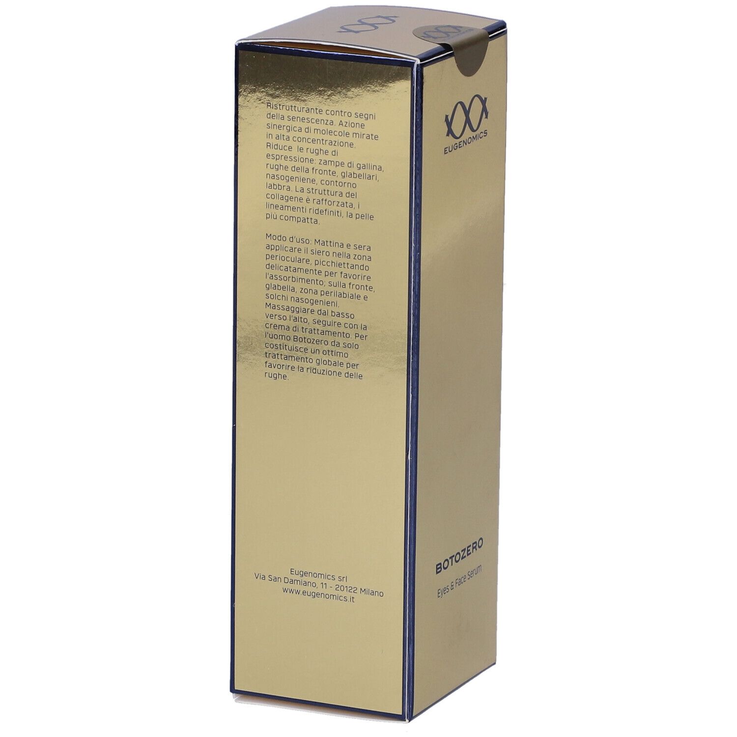 Confezione dorata con testo. Scritta Botozero. Logo Eugenomics. Testo in italiano.