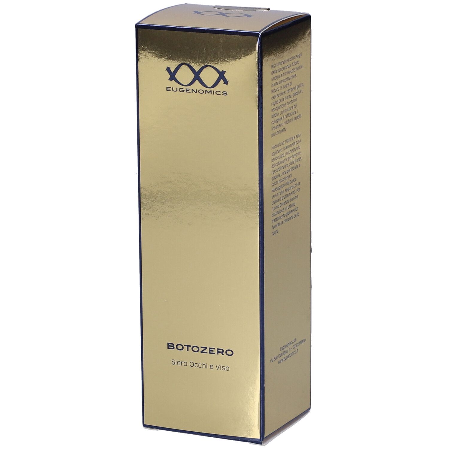 Confezione dorata con nome prodotto Botozero e siero occhi e viso. Logo Eugenomics in alto.