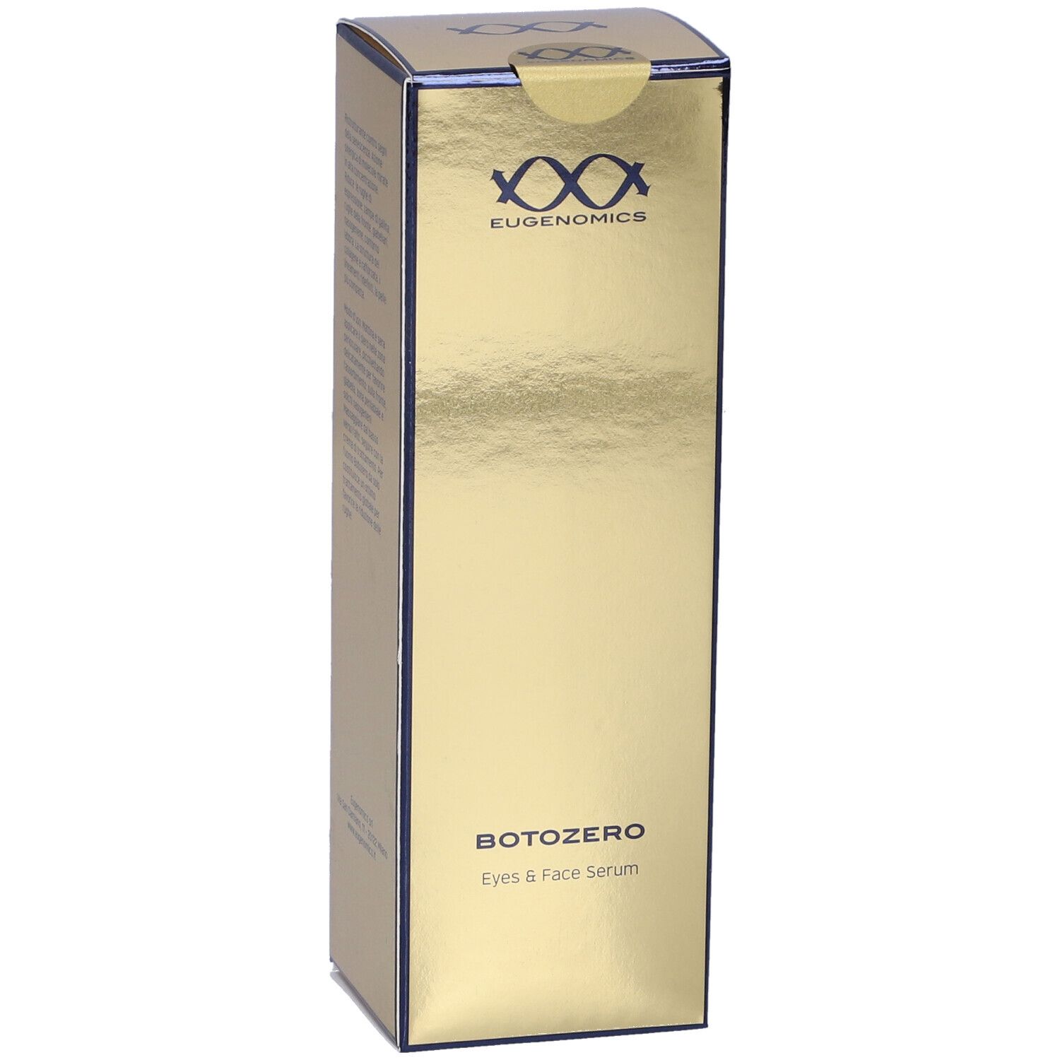 Confezione dorata con nome prodotto Botozero e siero occhi e viso. Logo Eugenomics in alto.