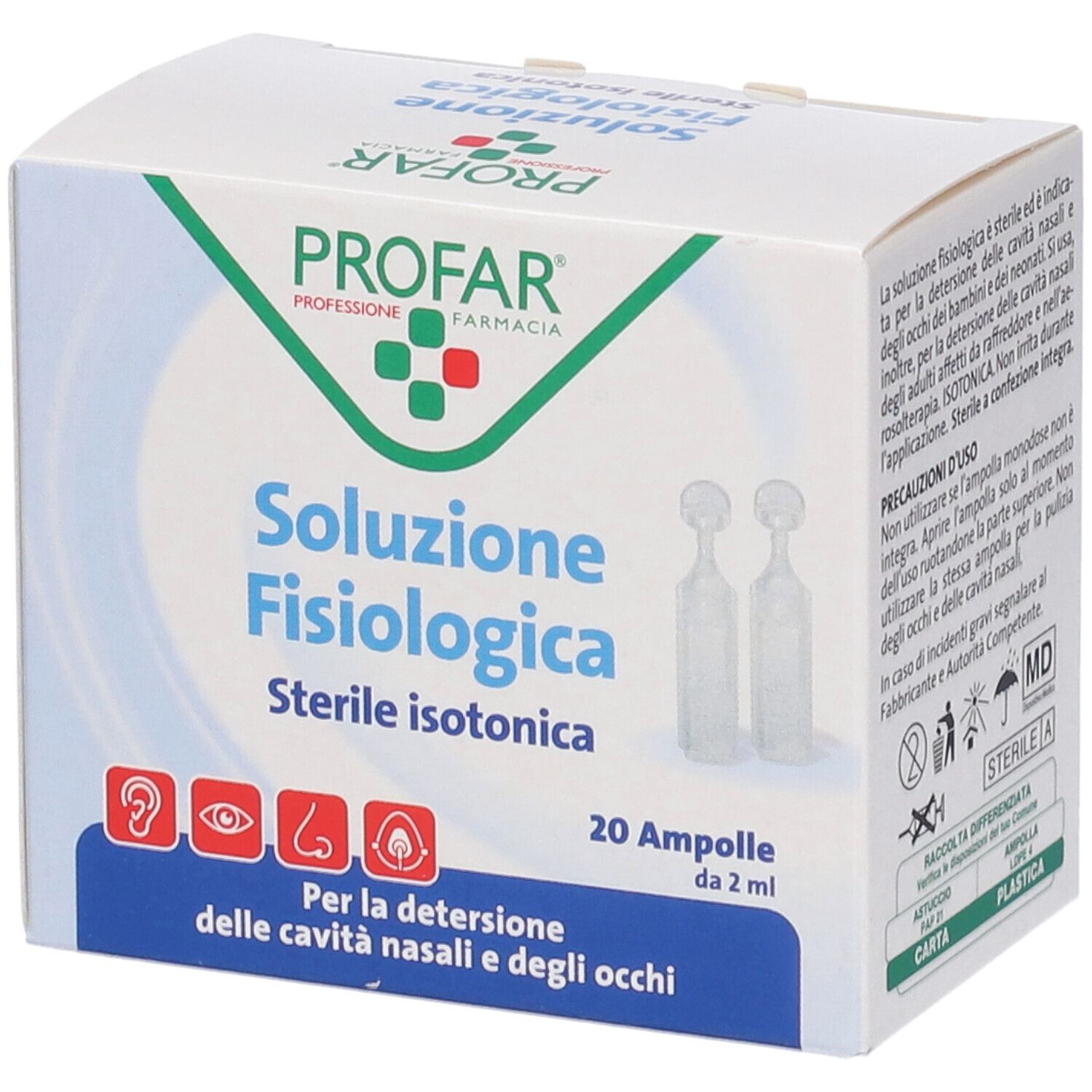 Confezione con nome e logo del prodotto. Contiene 20 fiale. Testo: Per la detersione delle cavità nasali e degli occhi.