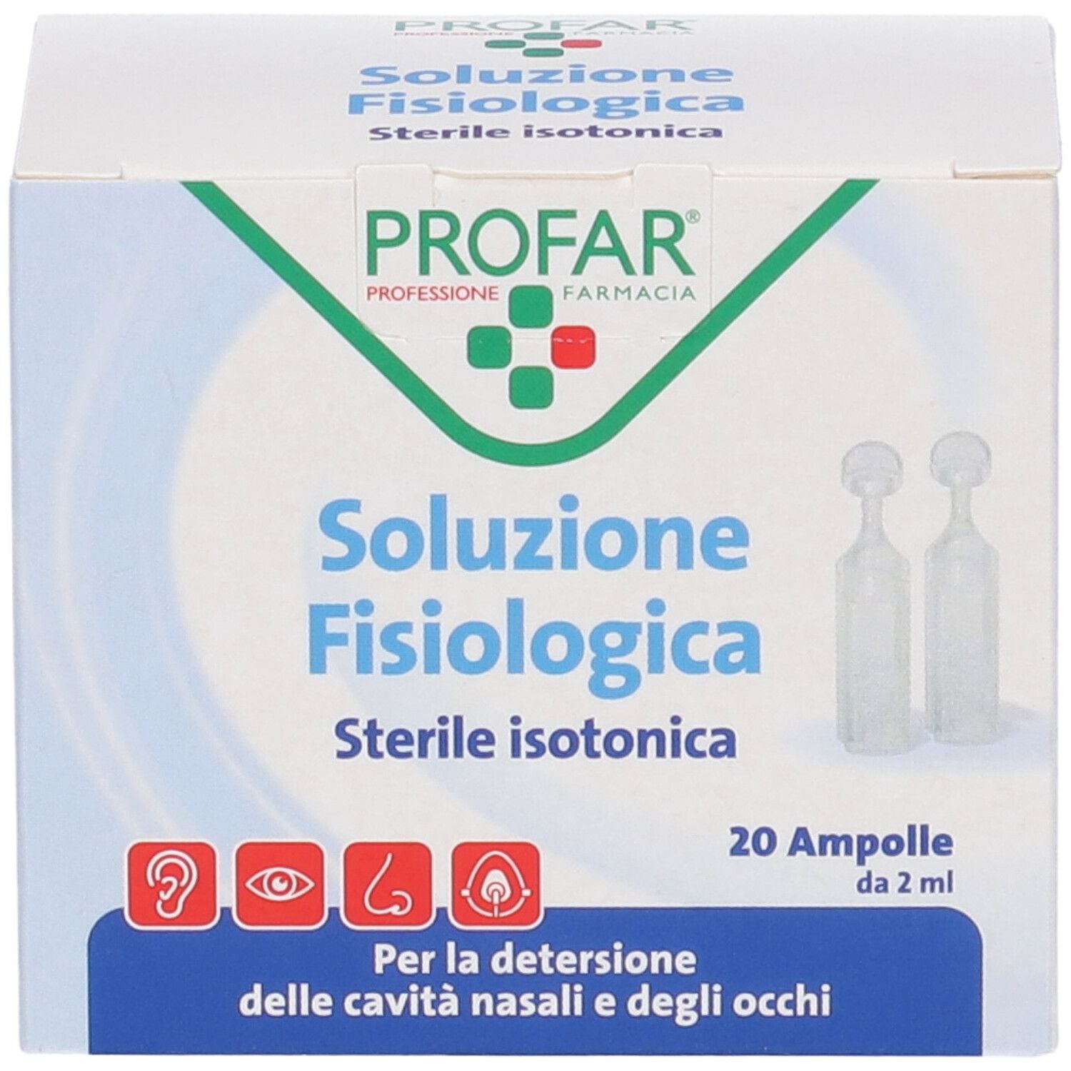 Confezione con nome e logo del prodotto. Contiene 20 fiale. Testo: Per la detersione delle cavità nasali e degli occhi.