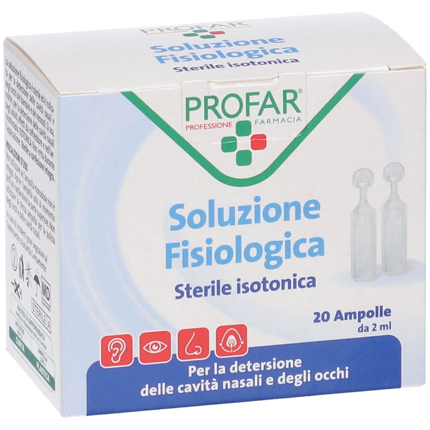 Confezione con nome e logo del prodotto. Contiene 20 fiale. Testo: Per la detersione delle cavità nasali e degli occhi.