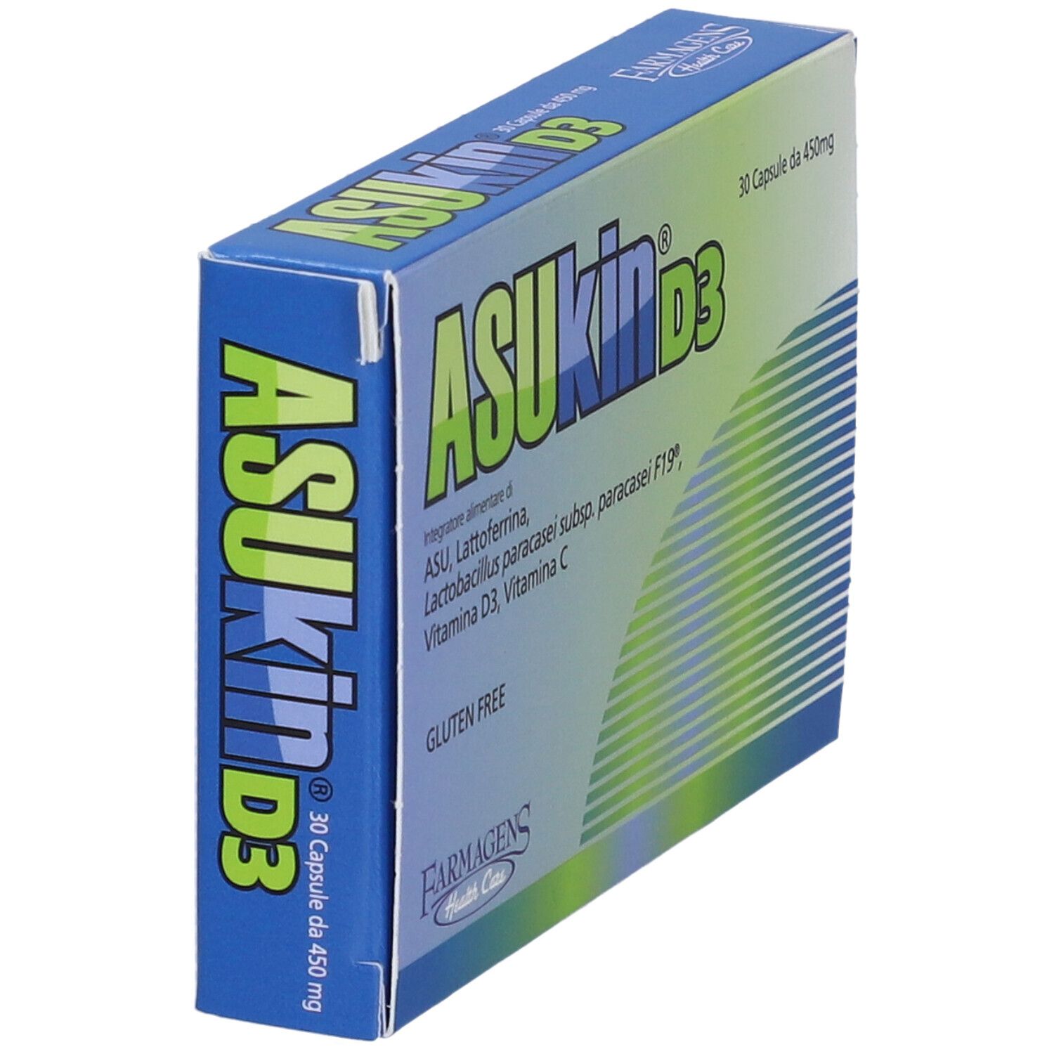 Scatola blu con logo ASUKin D3. Contiene 30 capsule. Senza glutine. Marchio: Farmagens.