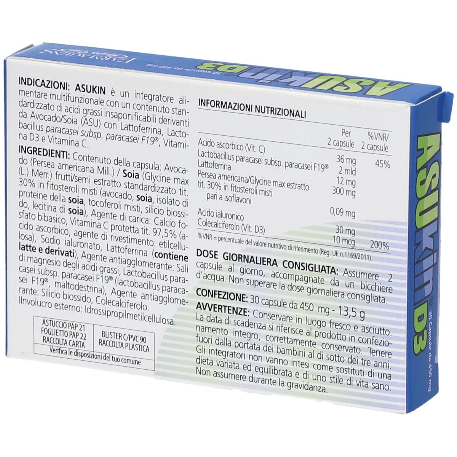 Retro della confezione ASUKin D3. Informazioni su ingredienti e valori nutrizionali.