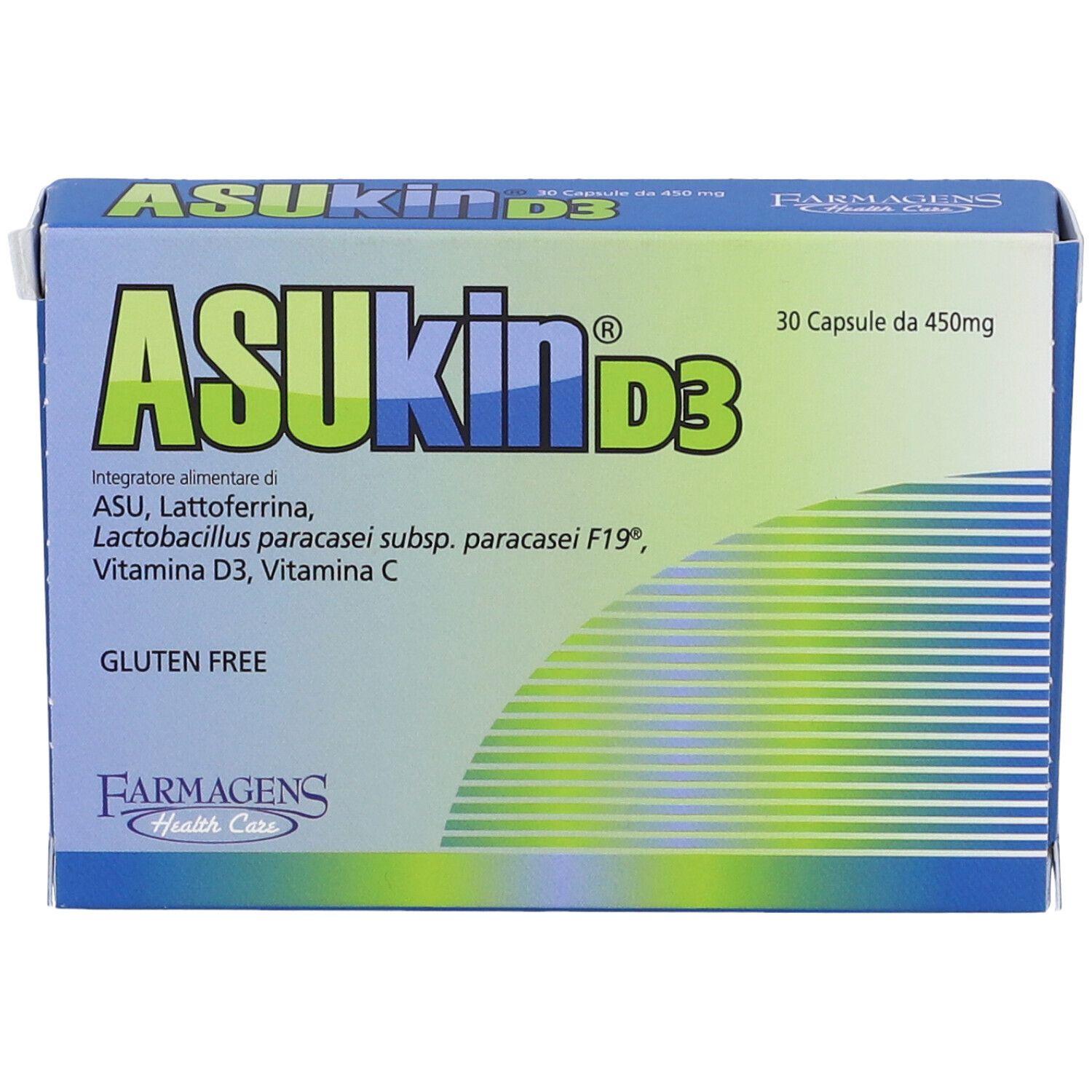 Scatola blu e bianca con logo ASUKin D3. Contiene 30 capsule. Senza glutine. Marchio: Farmagens.