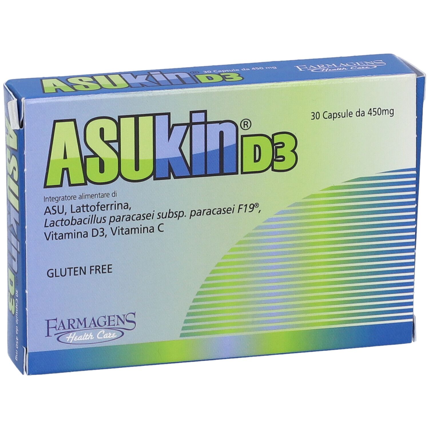 Scatola blu e bianca con logo ASUKin D3. Contiene 30 capsule. Senza glutine. Marchio: Farmagens.