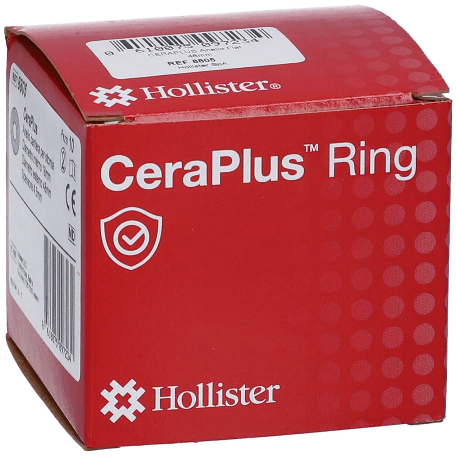 Confezione Hollister CeraPlus Ring. Scatola rossa a pois bianchi, logo e nome del prodotto.