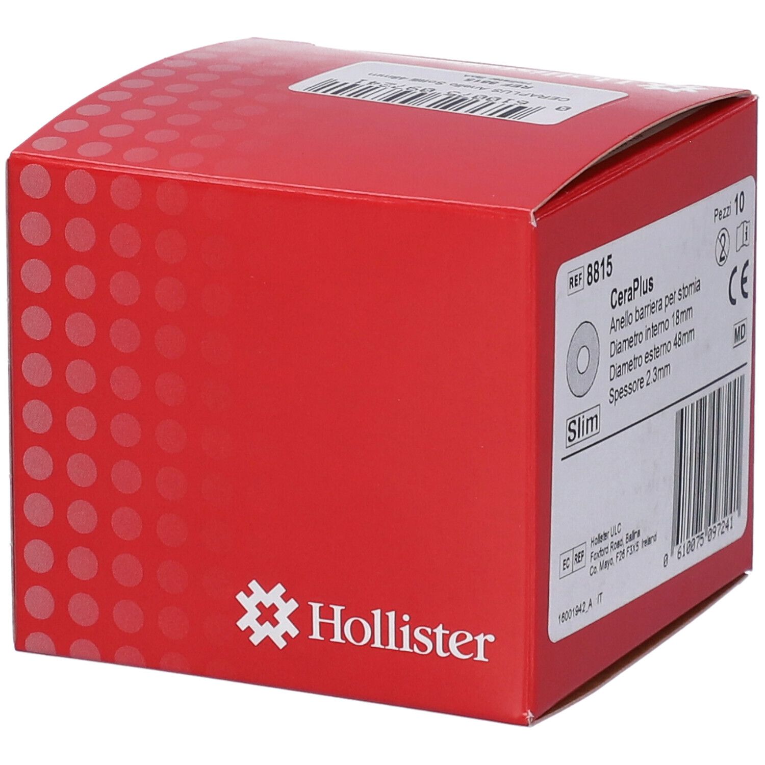 Scatola Hollister CeraPlus Ring, vista laterale rossa con informazioni sul prodotto e logo.