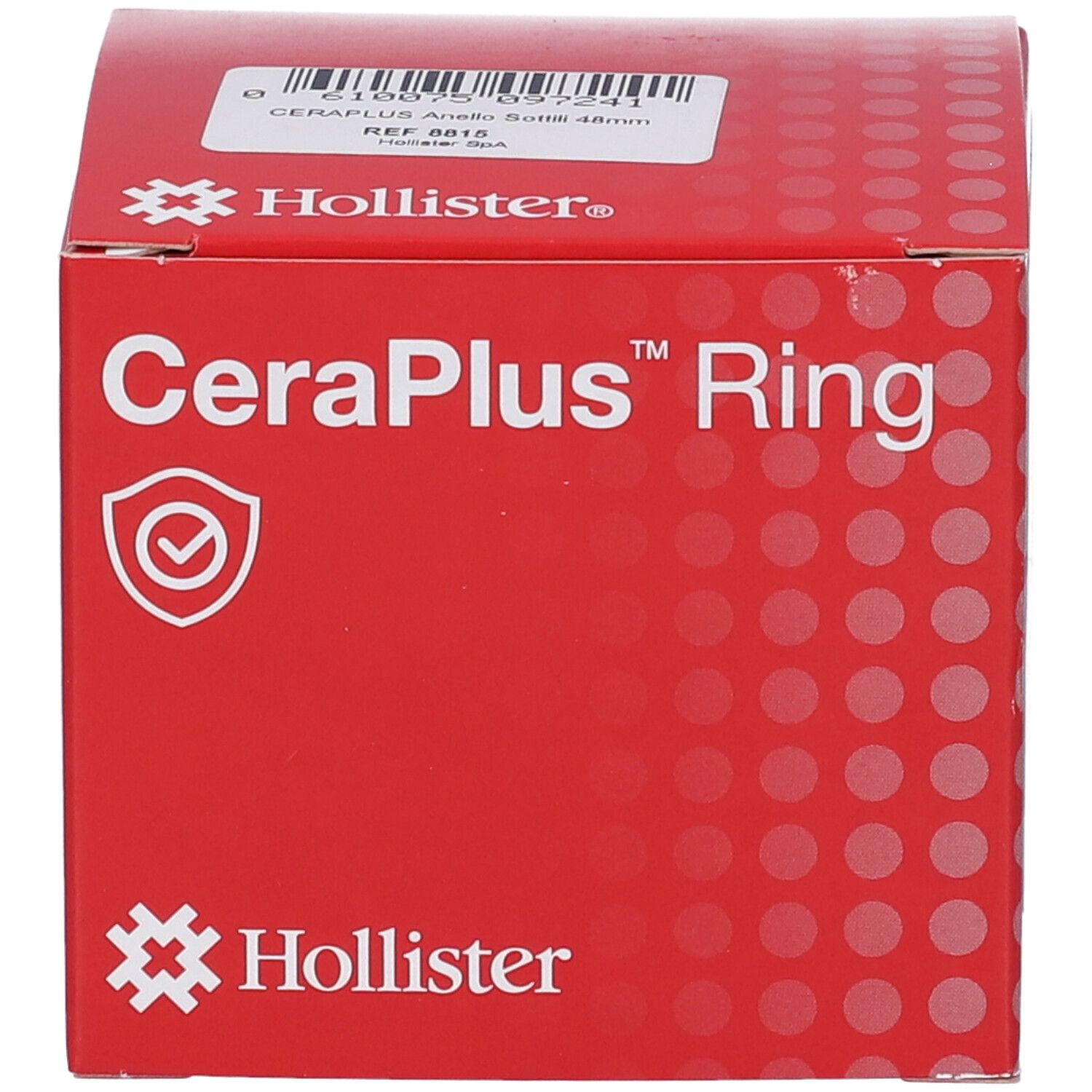 Scatola Hollister CeraPlus Ring, fronte rossa con nome prodotto, logo e simbolo di sigillo di protezione.