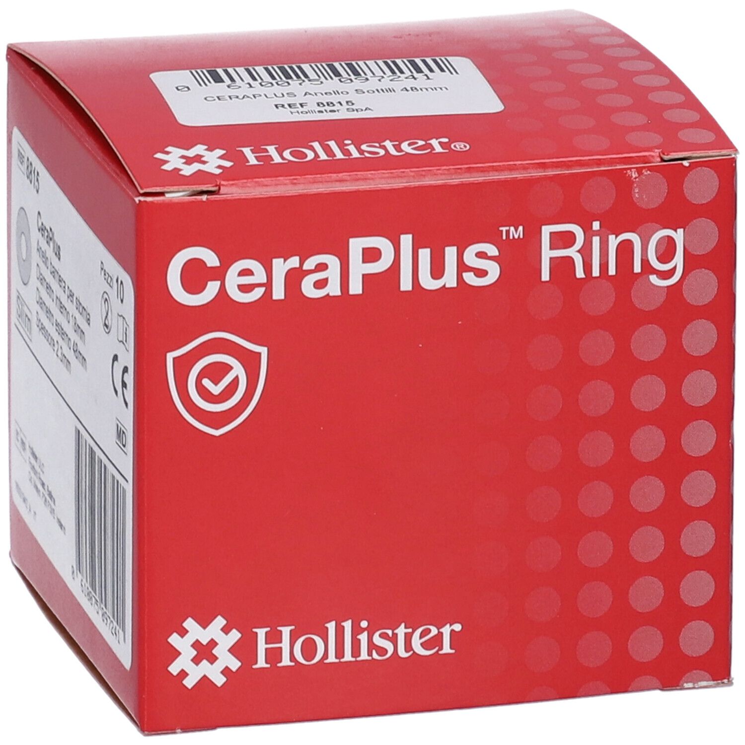 Scatola Hollister CeraPlus Ring, rossa, con nome prodotto, logo e marcatura CE.