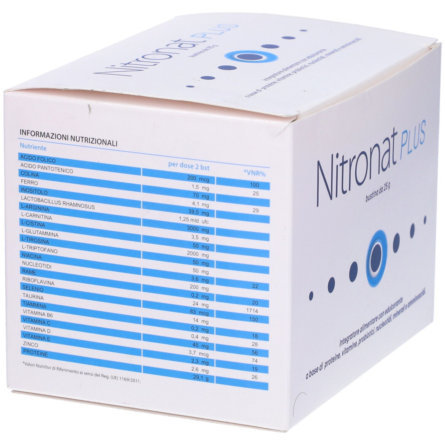 Scatola bianca con informazioni nutrizionali. Contiene Nitronat PLUS, 14 bustine da 25g. Confezione.