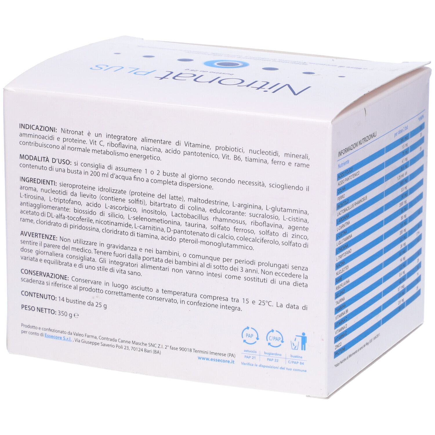 Scatola bianca con ingredienti e istruzioni per l'uso. Contiene Nitronat PLUS. Confezione del prodotto.