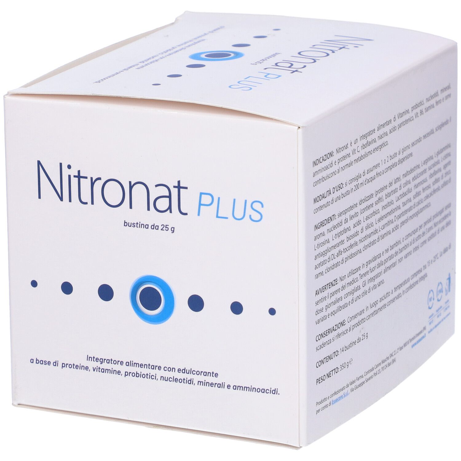 Scatola bianca con logo blu e scritta Nitronat PLUS. Contiene 14 bustine da 25g. Confezione del prodotto.