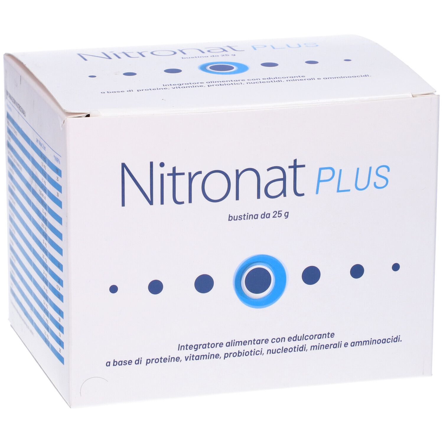 Scatola bianca con logo blu e scritta Nitronat PLUS. Contiene 14 bustine da 25g. Confezione del prodotto.