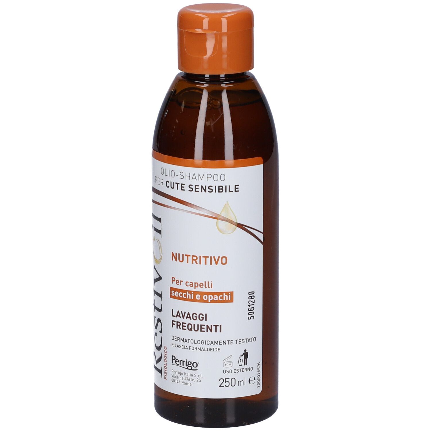 Flacone marrone con tappo arancione. Scritta: Restivoil, Olio-Shampoo, Nutritivo. Per capelli secchi e opachi.