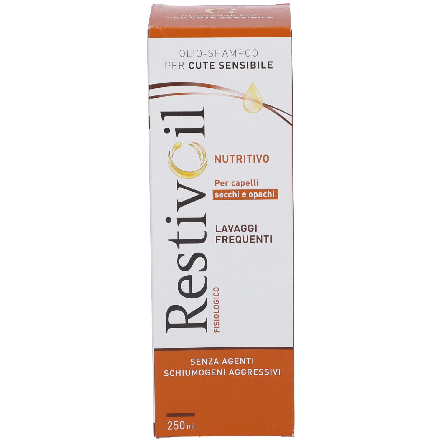 Confezione in cartone con scritta: Restivoil, Olio-Shampoo, Nutritivo. Per capelli secchi e opachi. Senza agenti schiumogeni aggressivi.