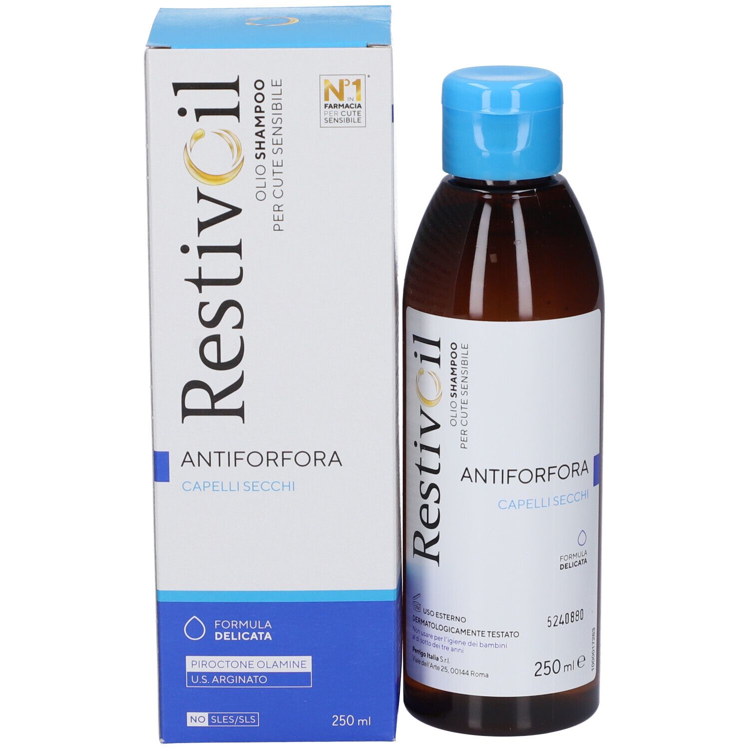 Flacone e confezione del prodotto. Scritta: Restivoil, Olio Shampoo per cute sensibile. Testo: Antiforfora, Capelli Secchi.