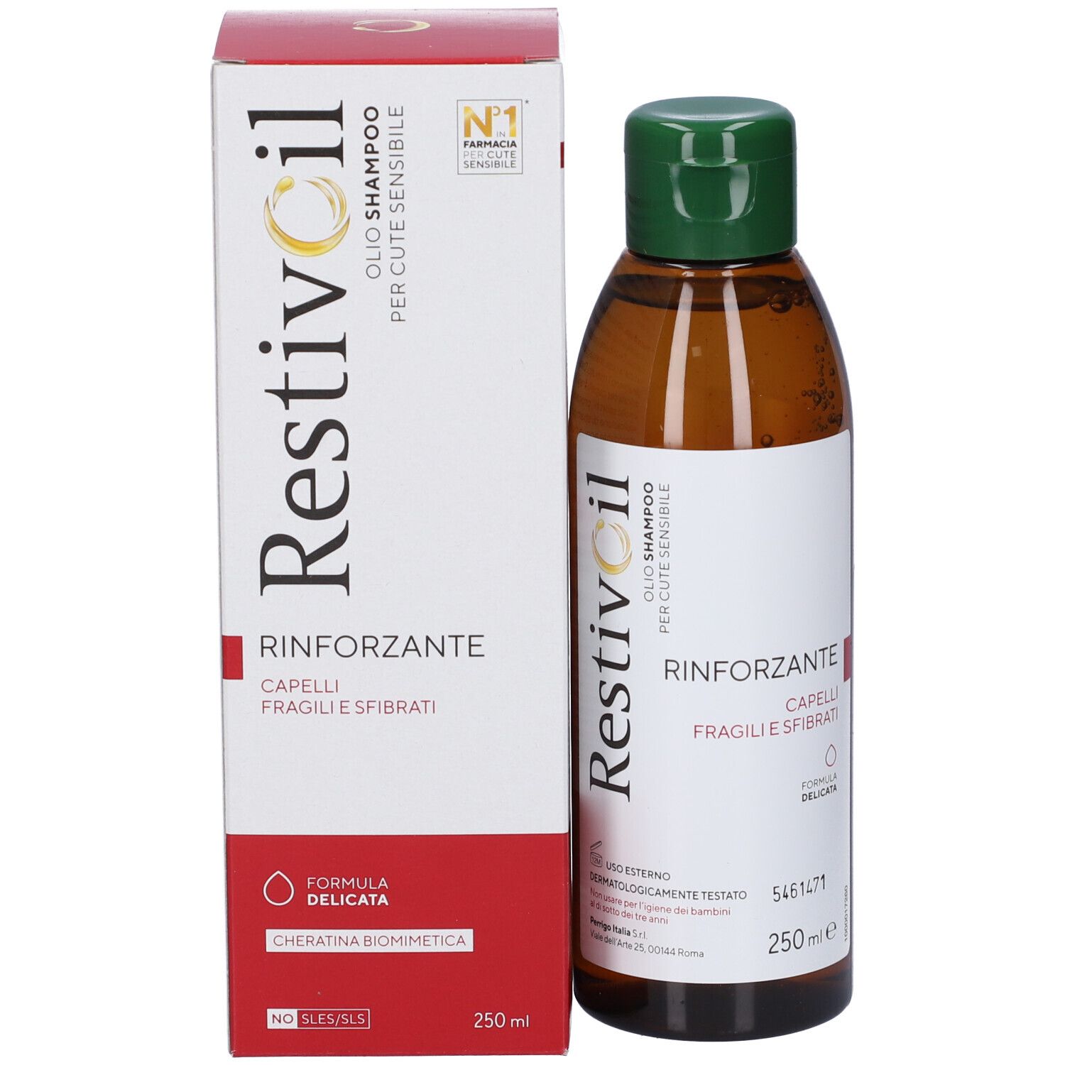 Flacone e confezione Restivoil. Flacone: marrone, tappo verde. Confezione: bianca, rossa. Scritta: Rinforzante, 250 ml.
