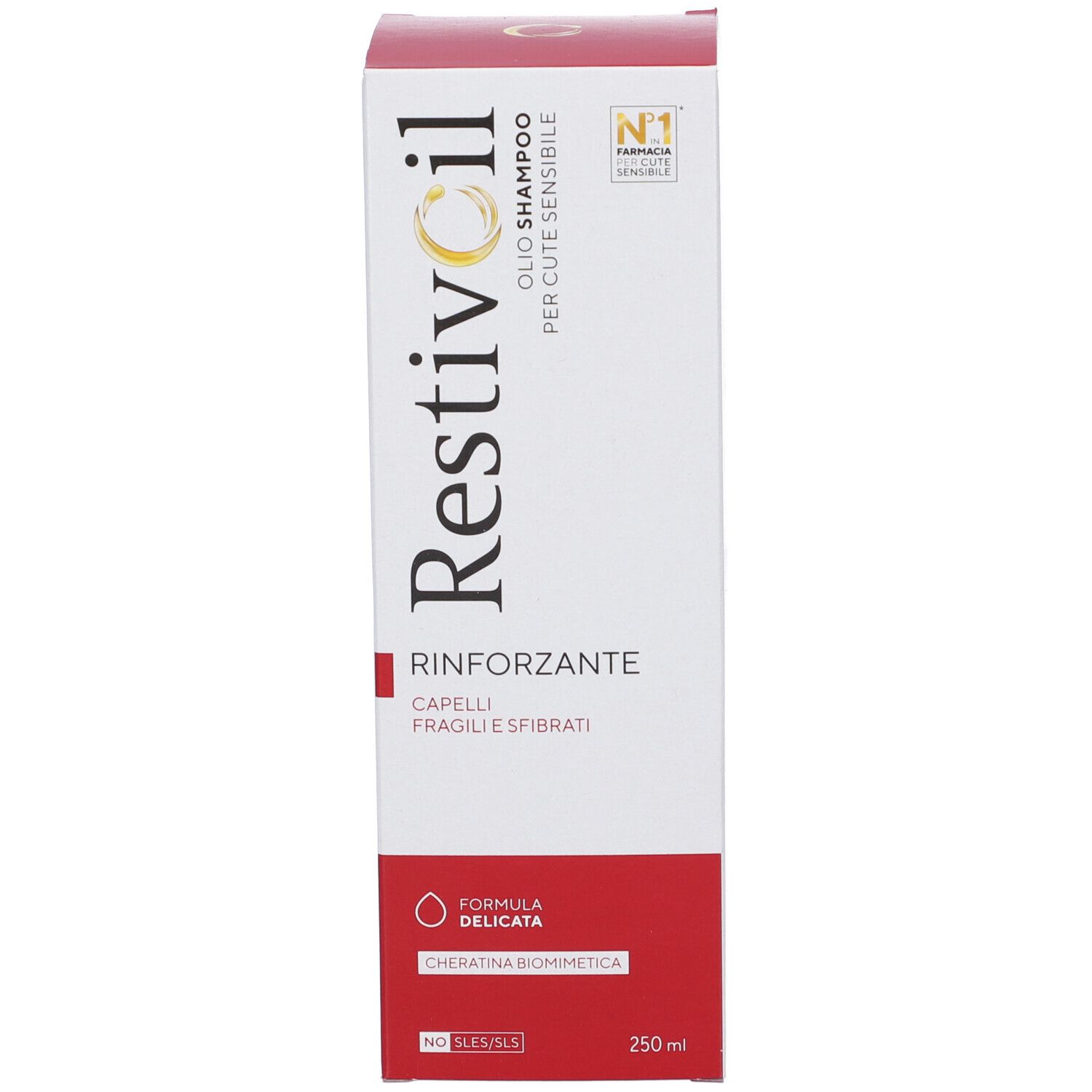 Confezione Restivoil. Bianco e rosso. Scritta: Rinforzante, Capelli fragili e sfibrati. 250 ml.