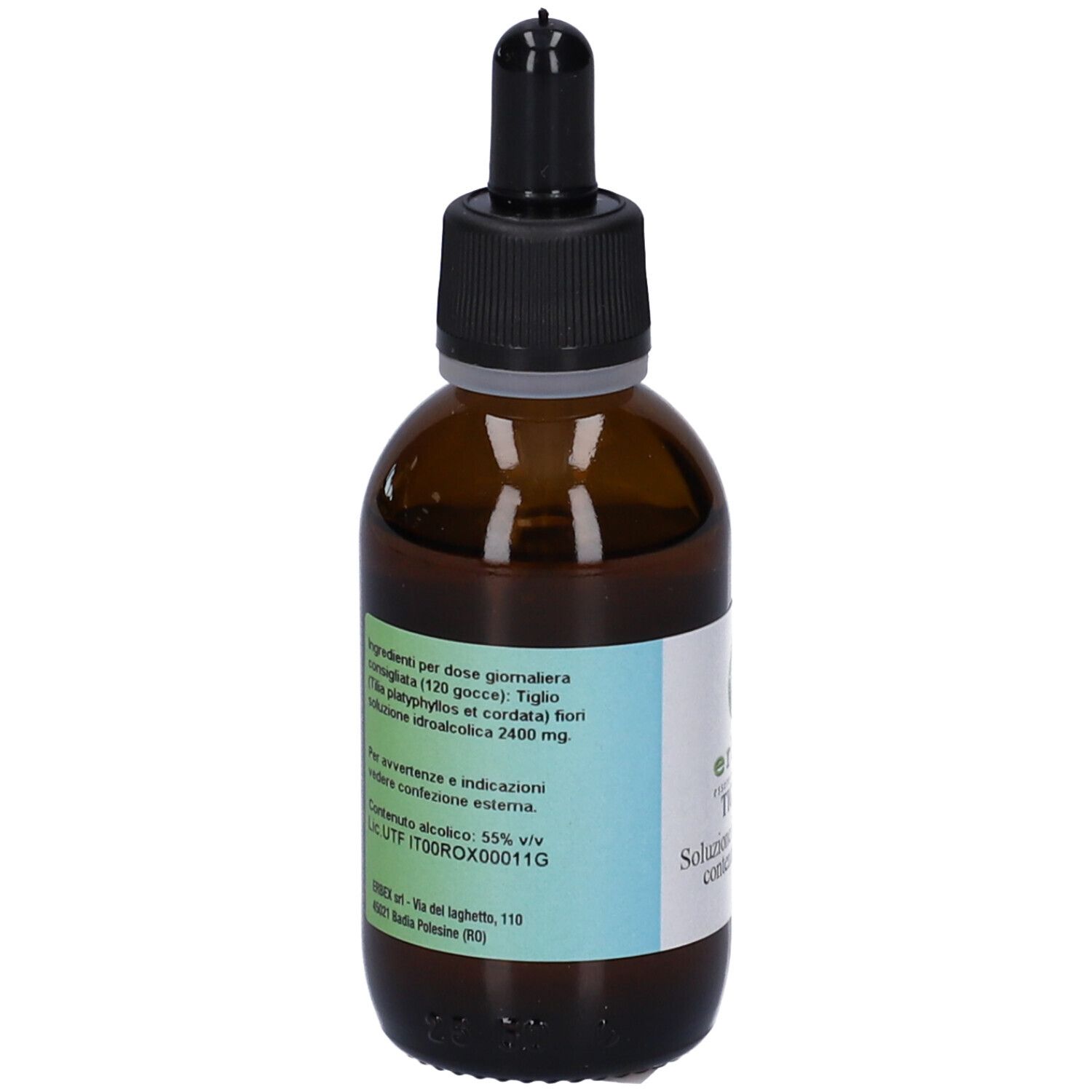 Flacone di vetro marrone con contagocce nero. Etichetta con ingredienti e informazioni.