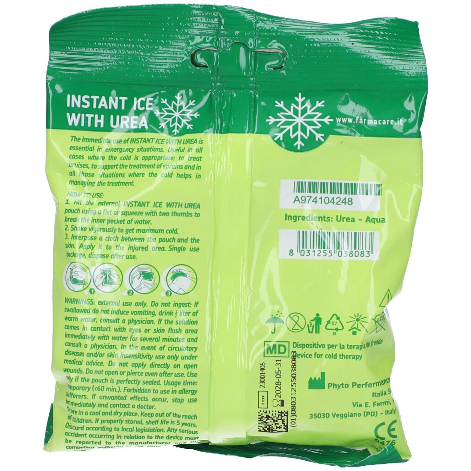 Retro della confezione verde. Testo: Instant Ice with Urea. Ingredienti: Urea, Aqua. Codice a barre e informazioni.