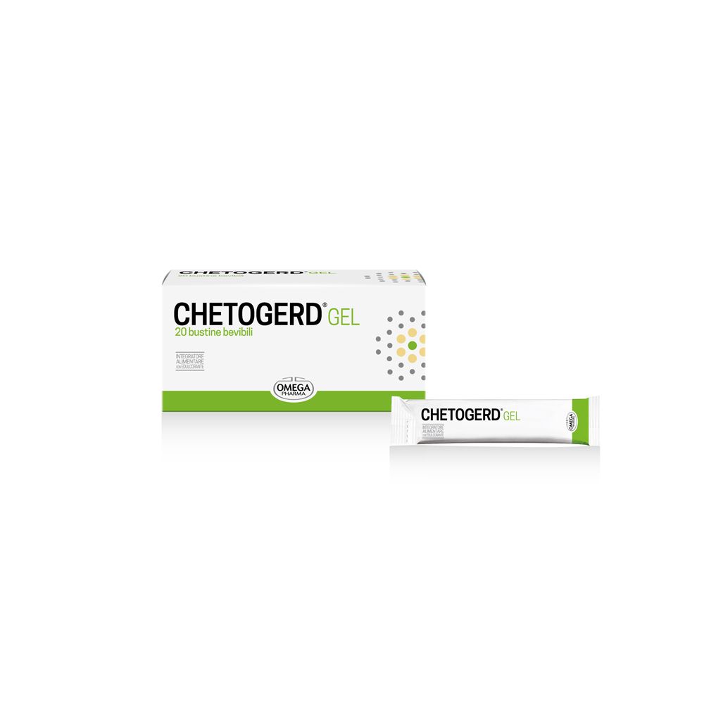 Scatola bianca e bustina. Scritto: Chetogerd Gel. 20 Bustine bevibili. Logo Omega Pharma. Bustina: Chetogerd Gel.