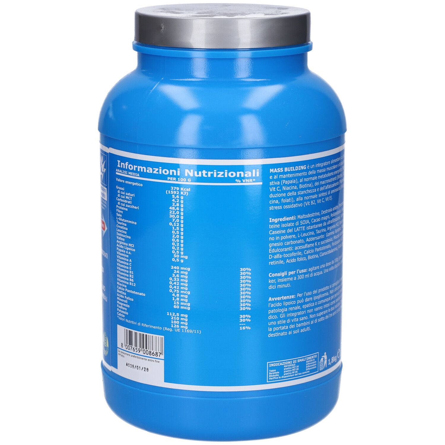 Barattolo blu con informazioni nutrizionali. Testo in italiano. Scritta: MASS BUILDING, Integratore proteico - glucidico.