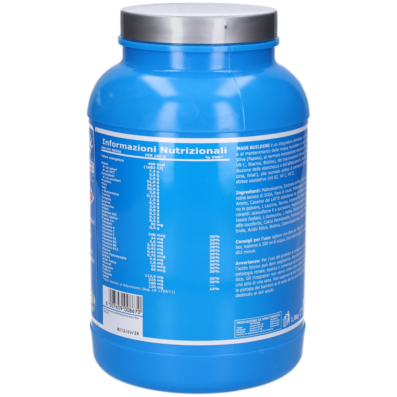 Retro del barattolo blu. Tabella nutrizionale con informazioni su proteine, vitamine e minerali. 1,8 kg.