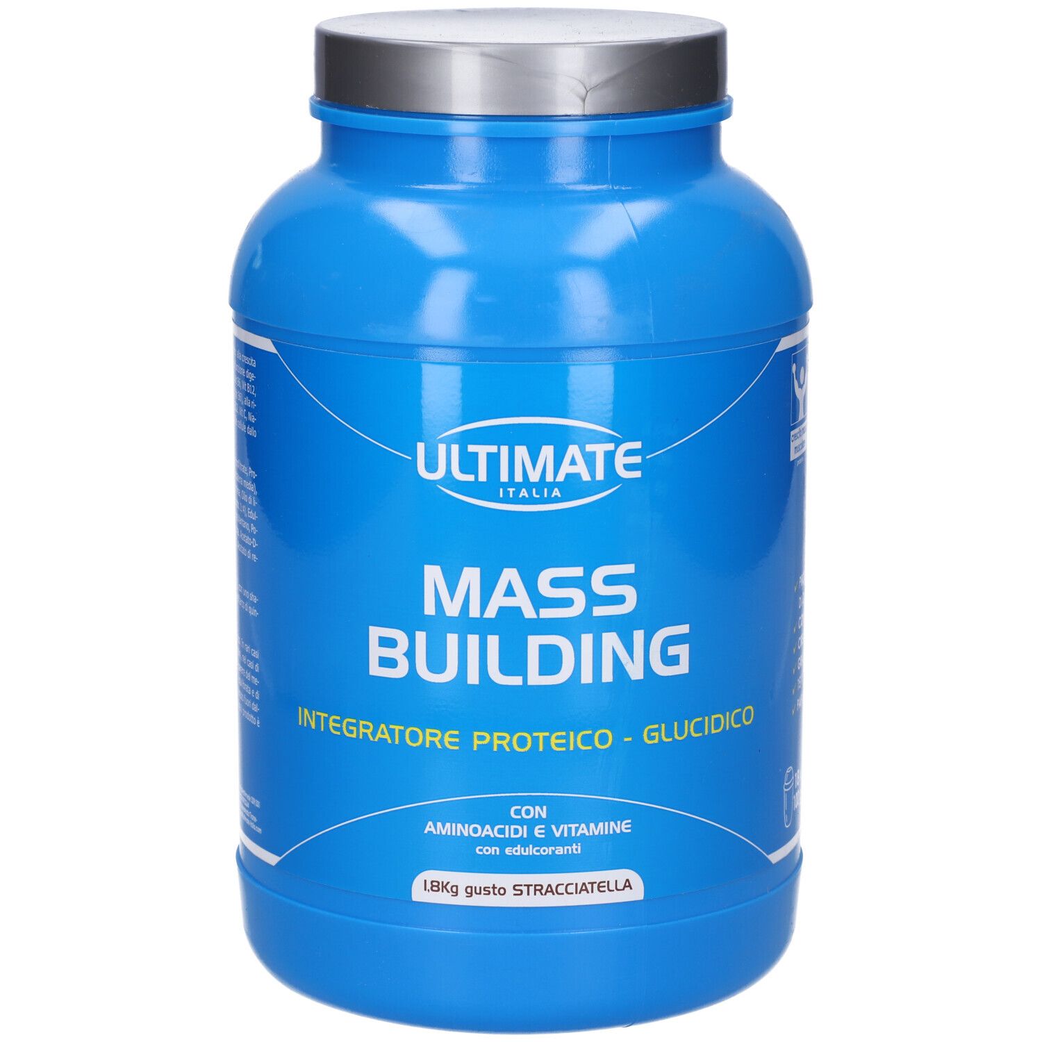 Barattolo blu con coperchio argentato. Scritta: ULTIMATE, MASS BUILDING, Integratore proteico - glucidico. 1,8 kg.