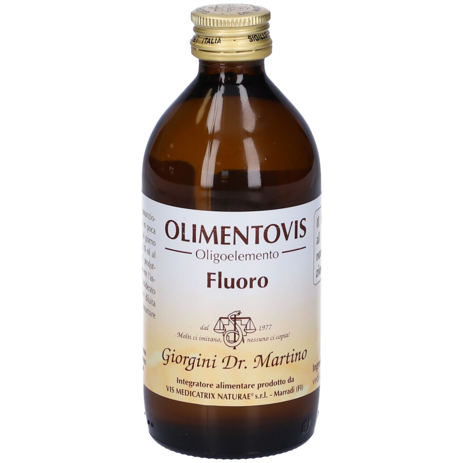 Bottiglia di vetro marrone con tappo dorato. Scritta: Olimentovis Fluoro. Marchio Giorgini Dr. Martino.