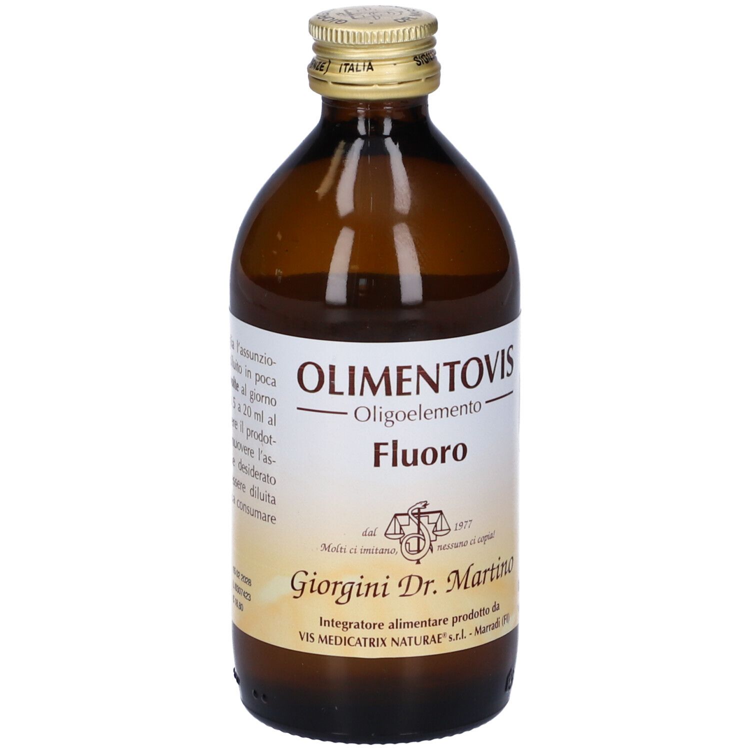 Bottiglia di vetro marrone con etichetta. Scritta: Olimentovis Fluoro. Marchio Giorgini Dr. Martino.