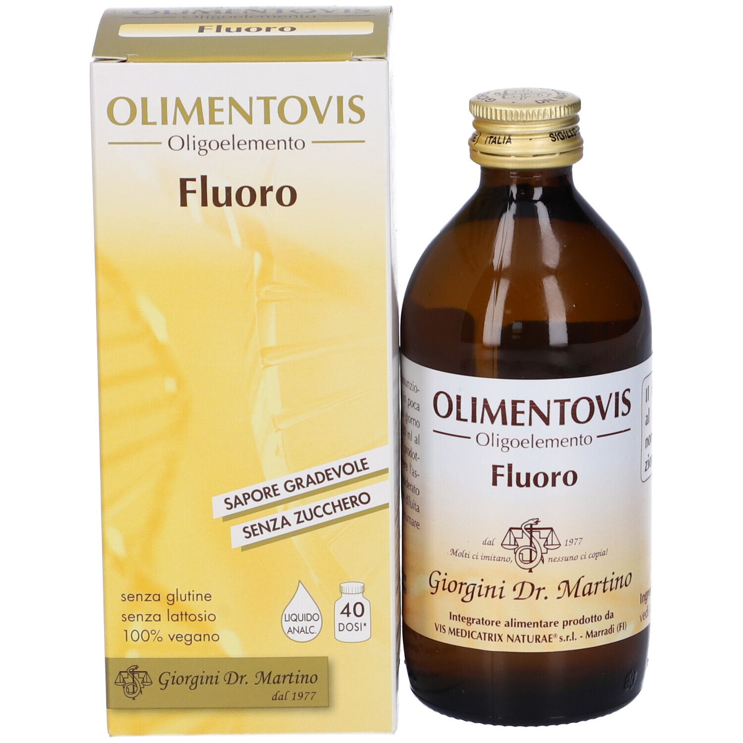 Bottiglia di vetro marrone e scatola. Scritta: Olimentovis Fluoro. Marchio Giorgini Dr. Martino. 40 dosi.