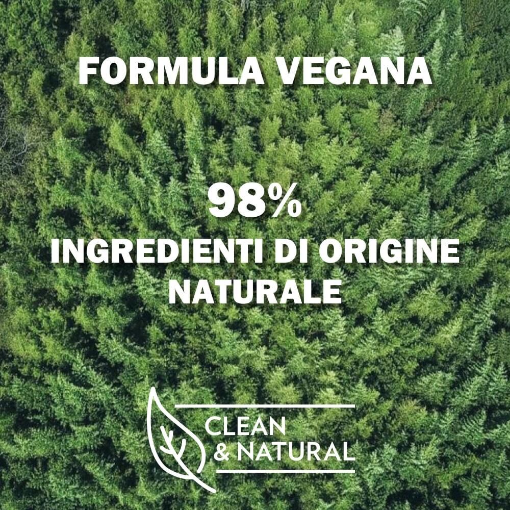 Sfondo verde con testo: Formula Vegana, 98% Ingredienti di origine naturale, Clean & Natural.