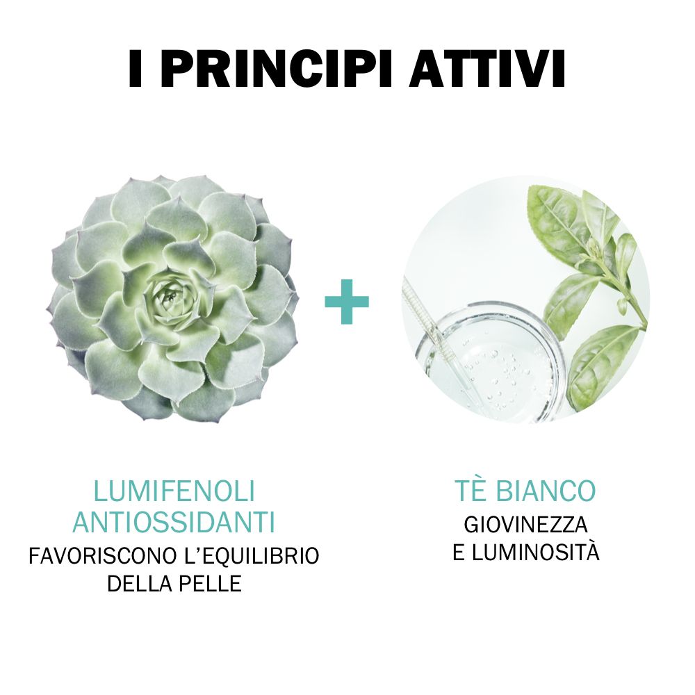 Grafica con ingredienti: Lumifenoli, Tè bianco. Testo: I Principi Attivi.