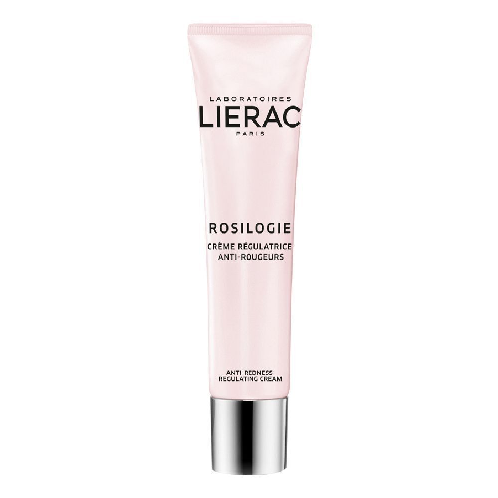 Tubo di crema rosa con tappo argentato. Scritta: LIERAC PARIS, ROSILOGIE, Crema regolatrice anti-rossori.