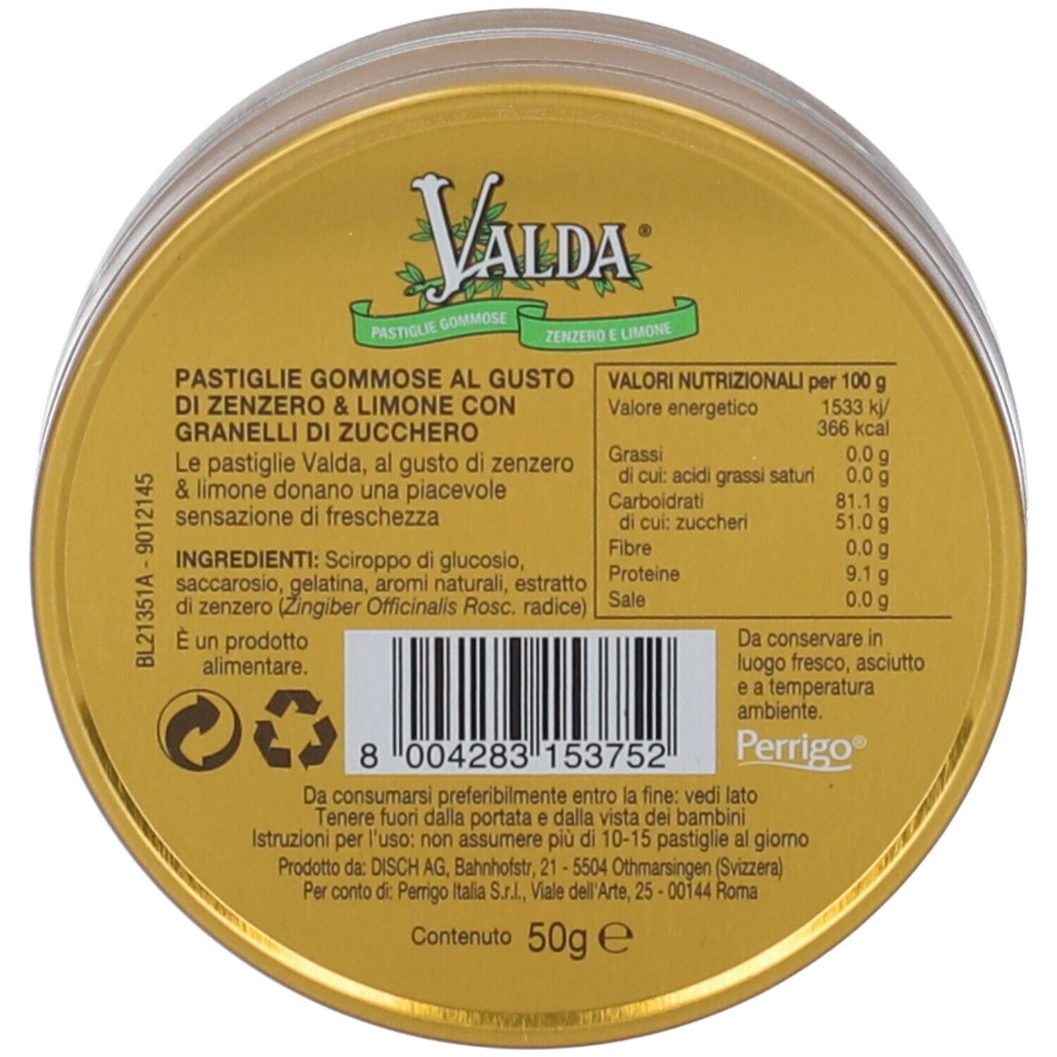 Scatola rotonda con logo VALDA. Testo: Pastiglie Gommose al gusto di Zenzero & Limone. Informazioni nutrizionali e lista ingredienti.
