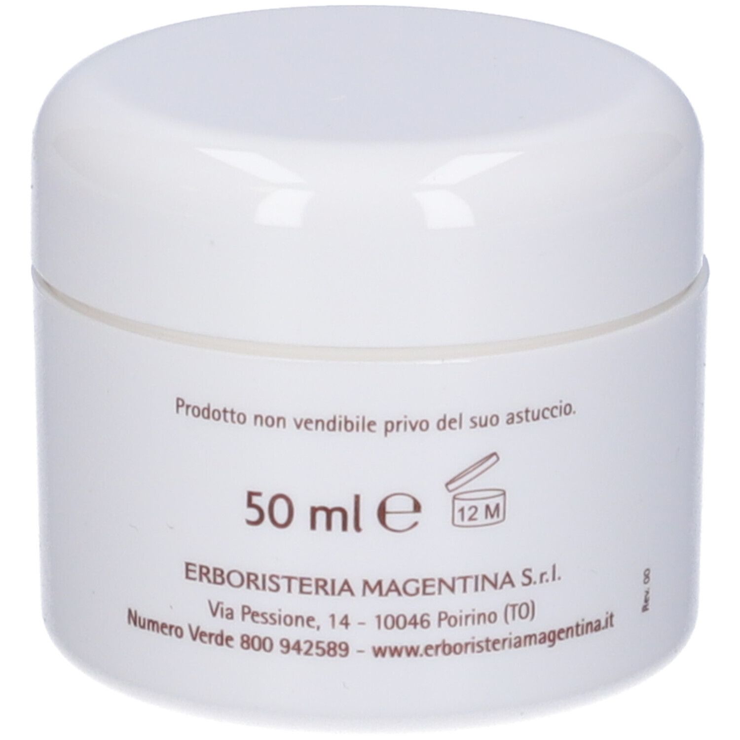 Vaso bianco con coperchio. Scritta: 50 ml, 12M. Marchio: Erboristeria Magenta.