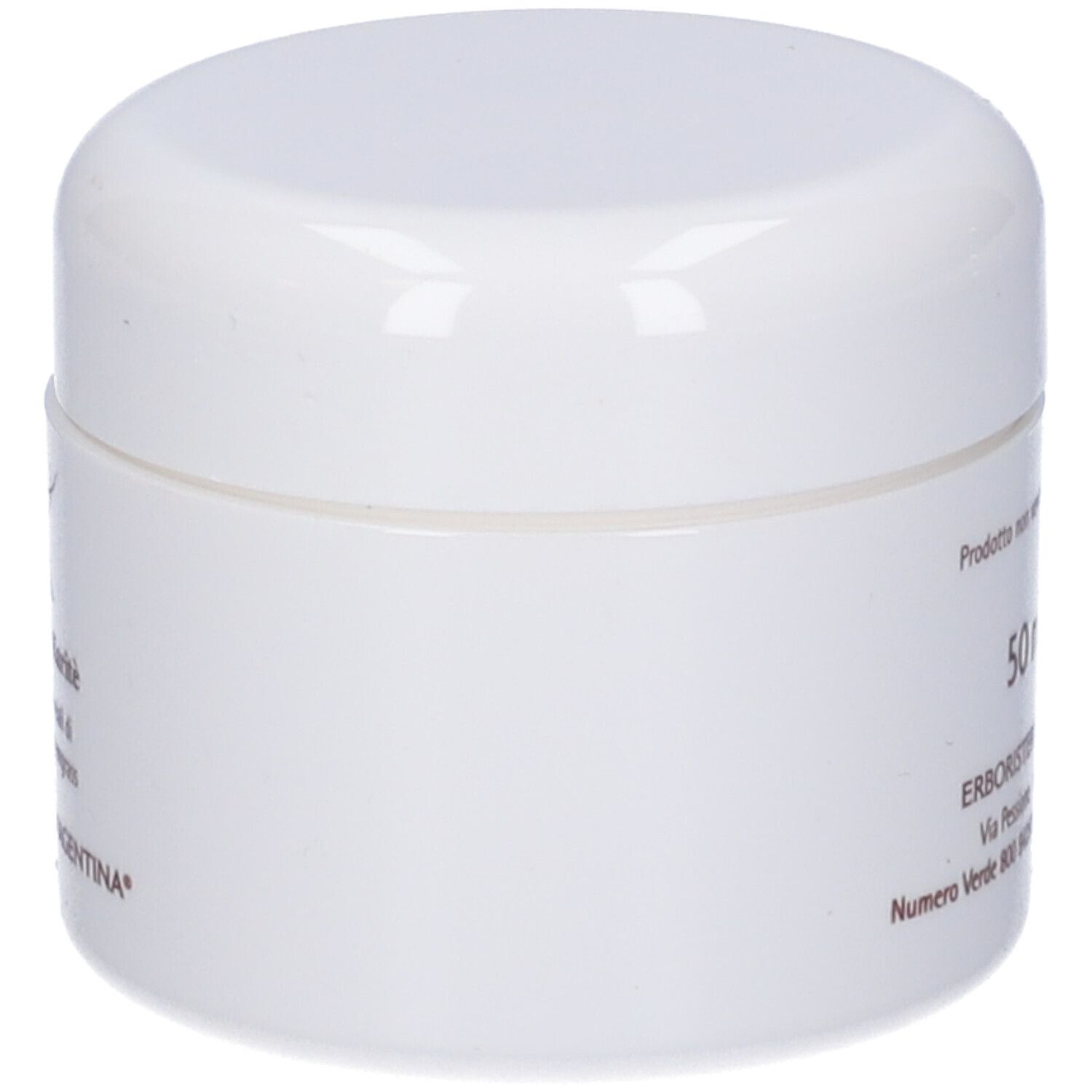 Vaso bianco con coperchio. Scritta: 50 ml. Marchio: Erboristeria Magenta.