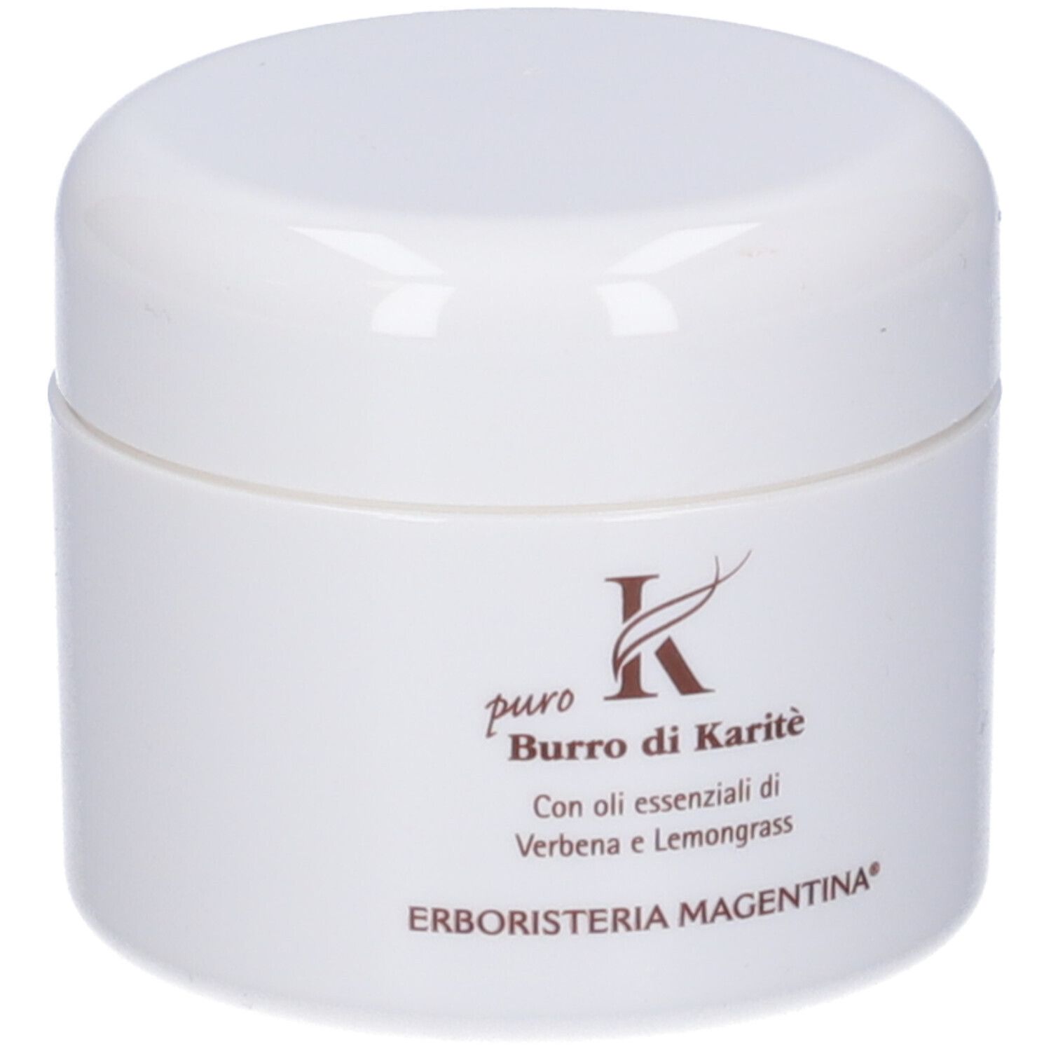 Vaso bianco con coperchio. Scritta: puro Burro di Karité, con oli essenziali di Verbena e Lemongrass. Marchio: Erboristeria Magenta.
