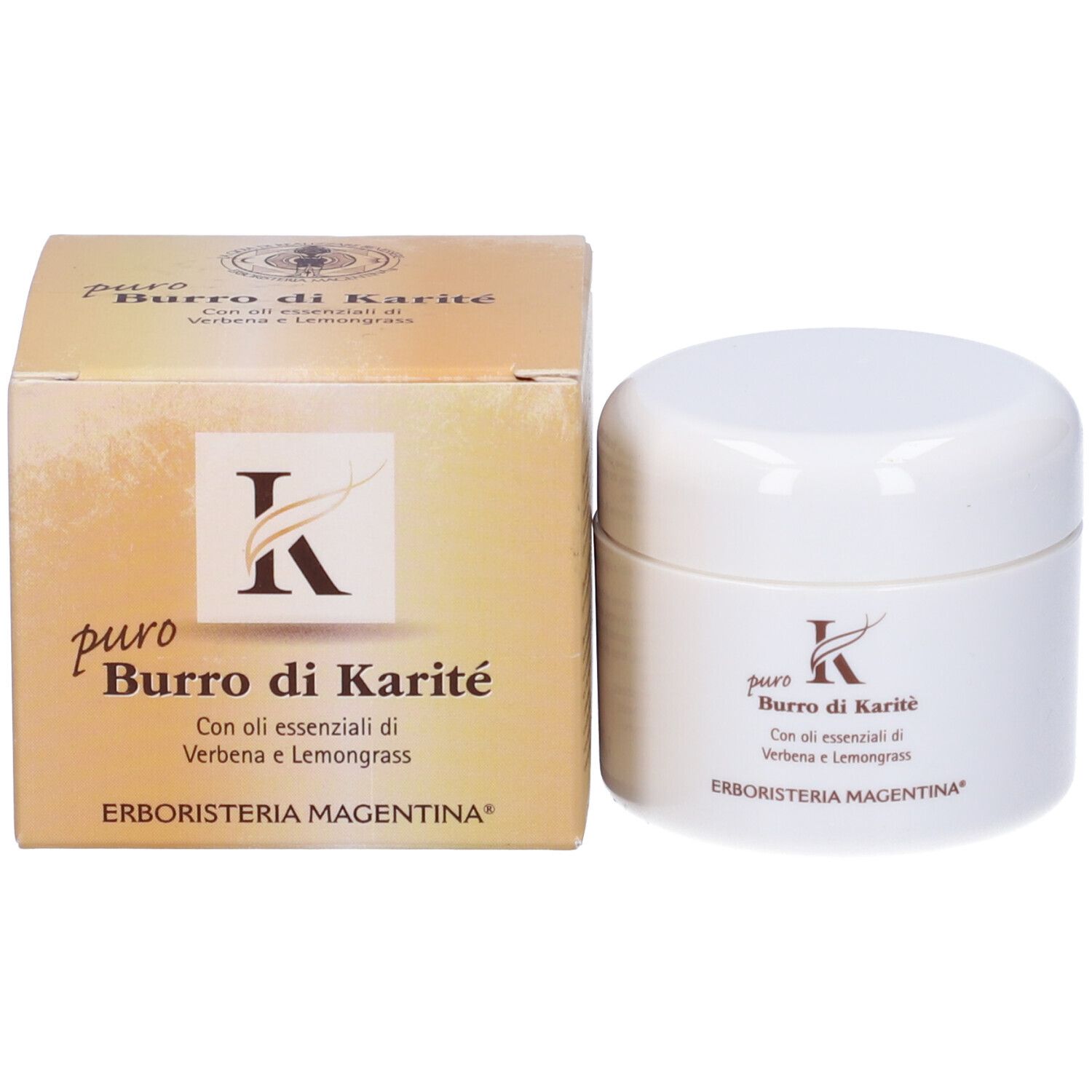 Vaso bianco e scatola. Scritta: puro Burro di Karité, con oli essenziali di Verbena e Lemongrass. Marchio: Erboristeria Magenta.