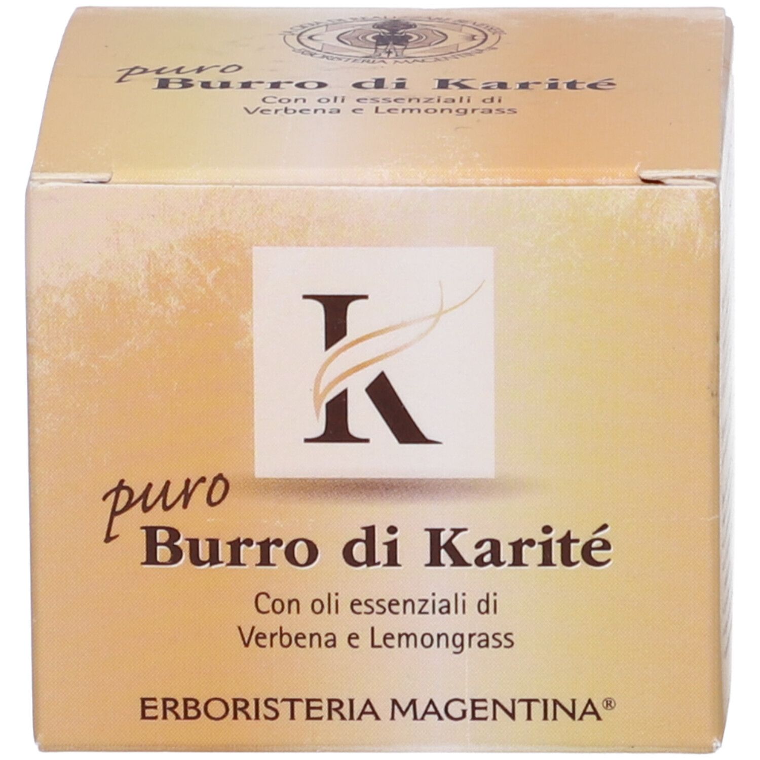 Scatola. Scritta: puro Burro di Karité, con oli essenziali di Verbena e Lemongrass. Marchio: Erboristeria Magenta.