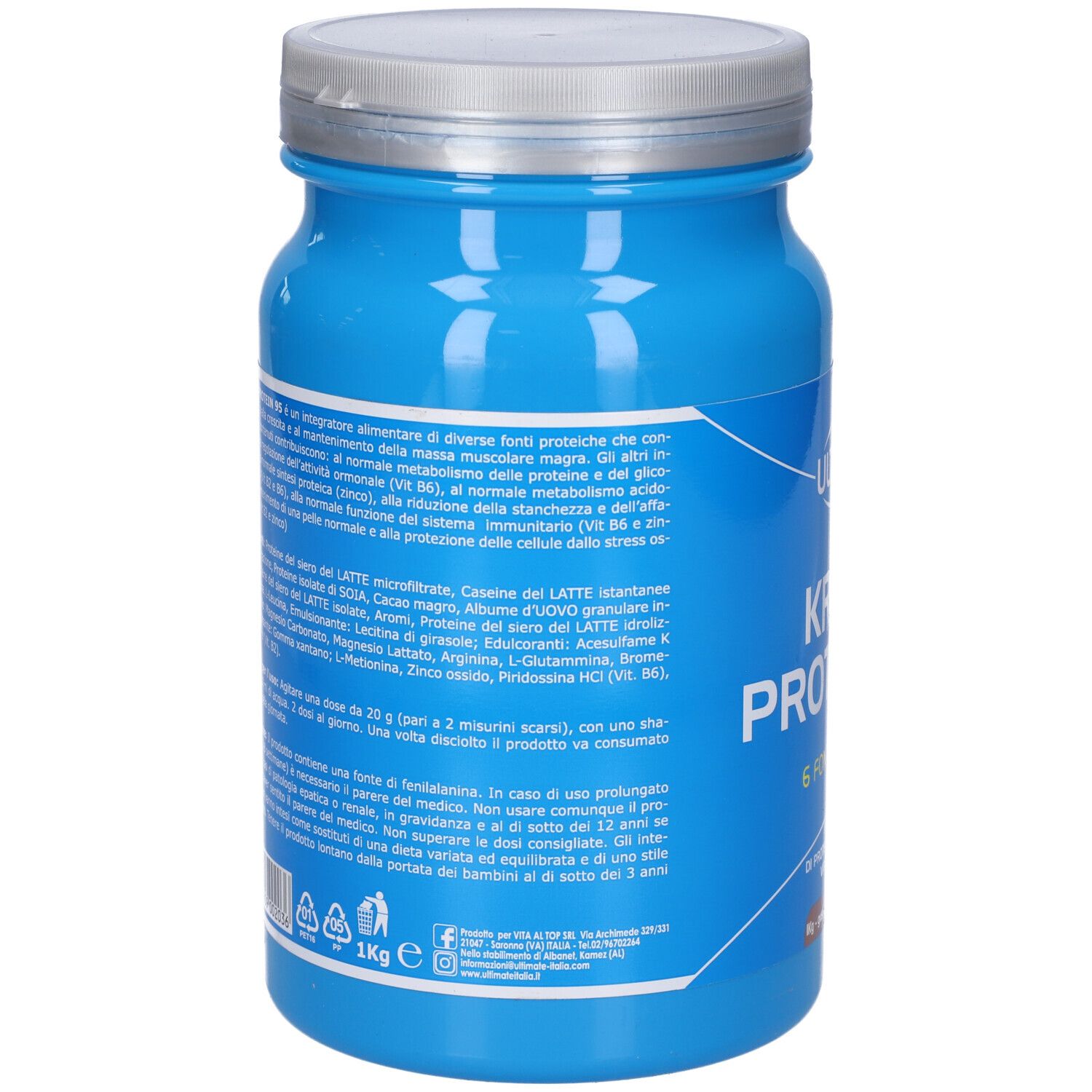 Retro di un barattolo blu con coperchio argentato. Testo: Informazioni sugli ingredienti e valori nutrizionali. Scritta: 1 kg.