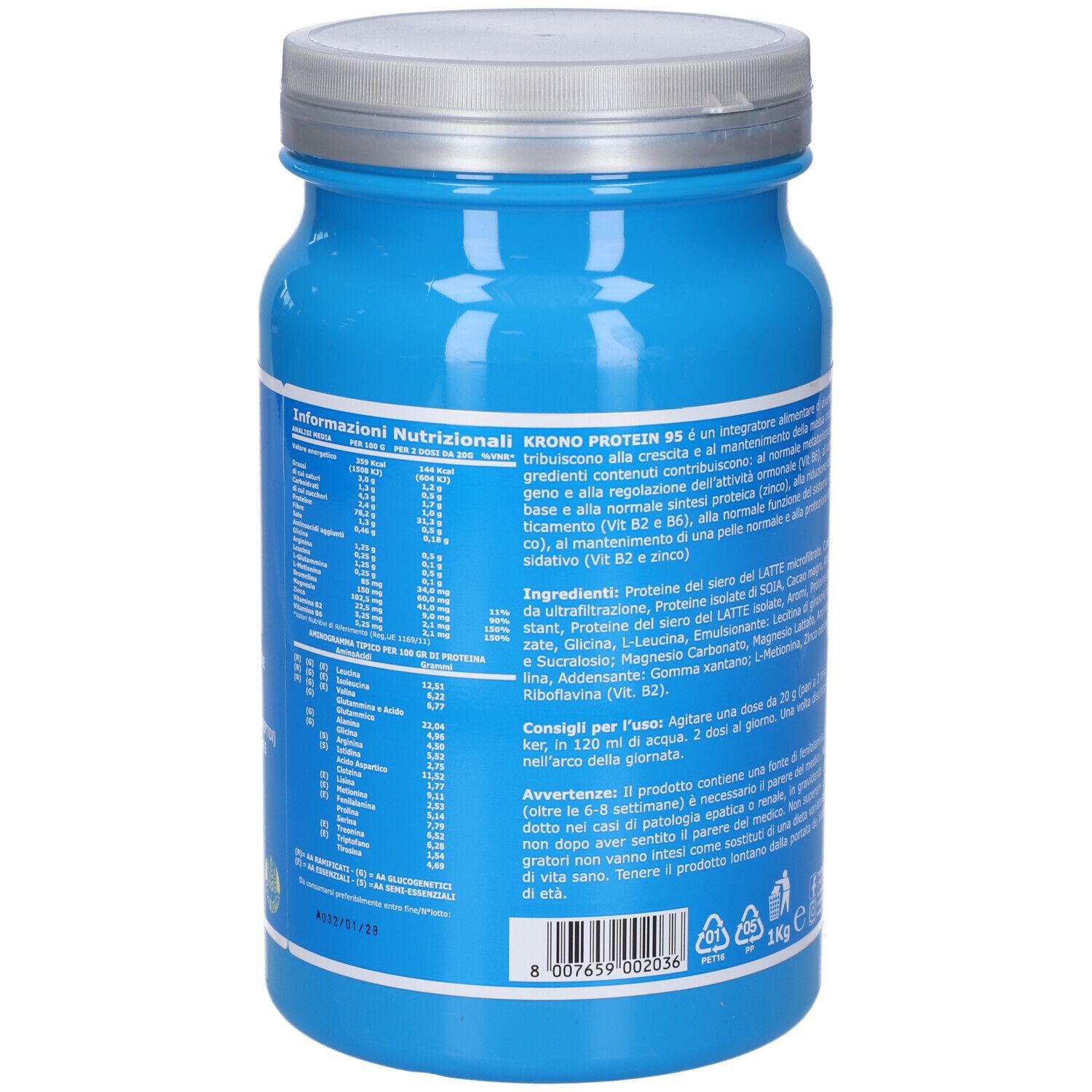 Retro di un barattolo blu con coperchio argentato. Testo: Informazioni nutrizionali e raccomandazioni d'uso. Scritta: 1 kg.