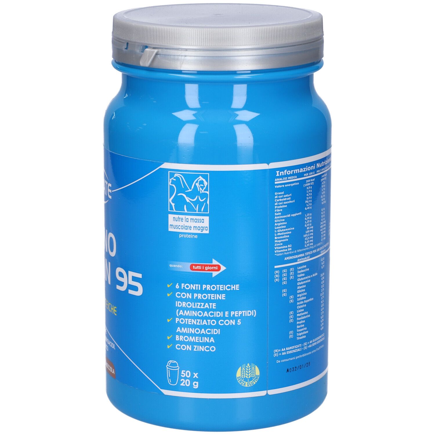 Barattolo blu con coperchio argentato. Scritta: ULTIMATE, KRONO PROTEIN 95, 6 fonti proteiche. Testo: Integratore di proteine con aminoacidi, vitamine e zinco. 50 g / 20 g.