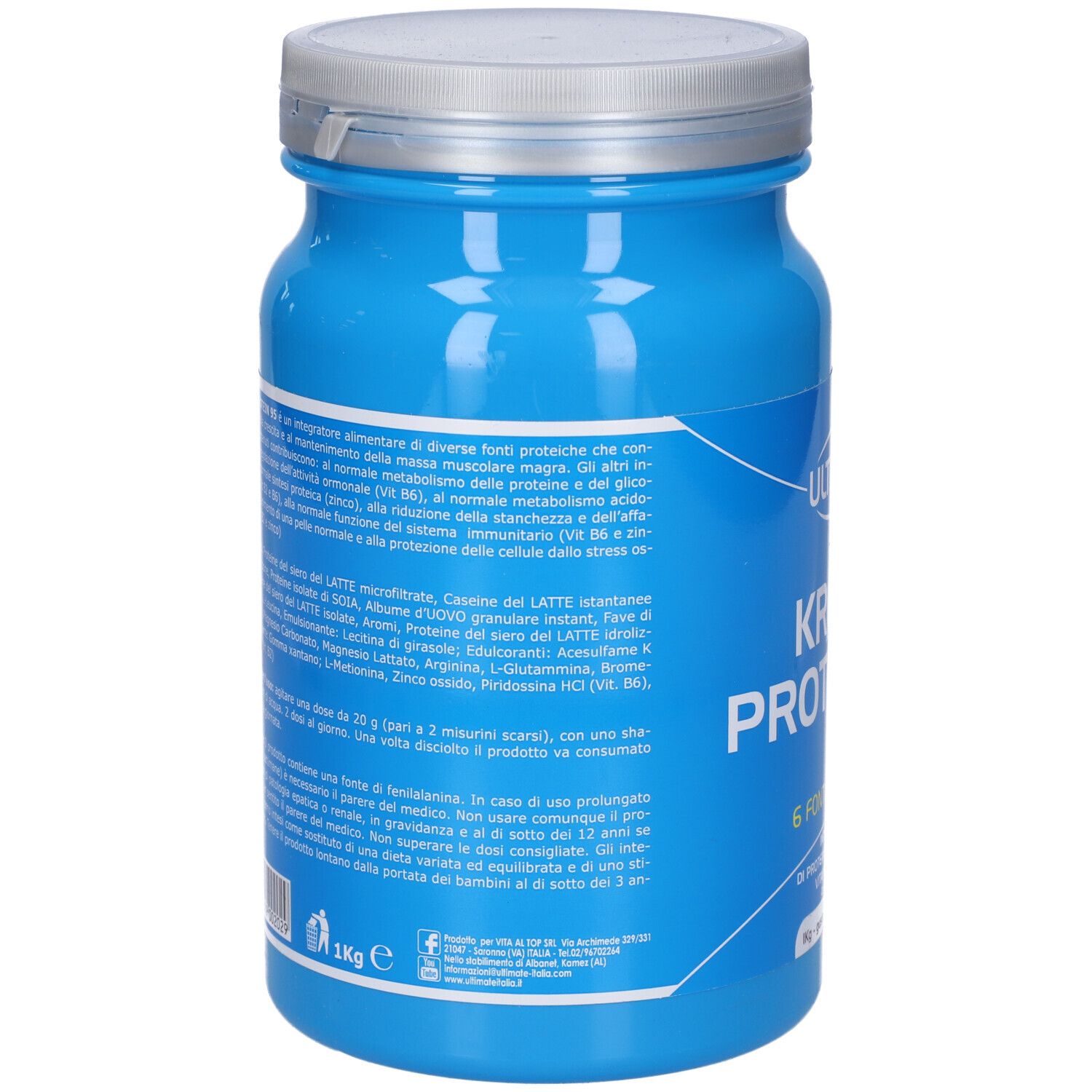 Barattolo blu, retro. Testo: ingredienti, informazioni nutrizionali, istruzioni. 1 kg. Coperchio argentato.