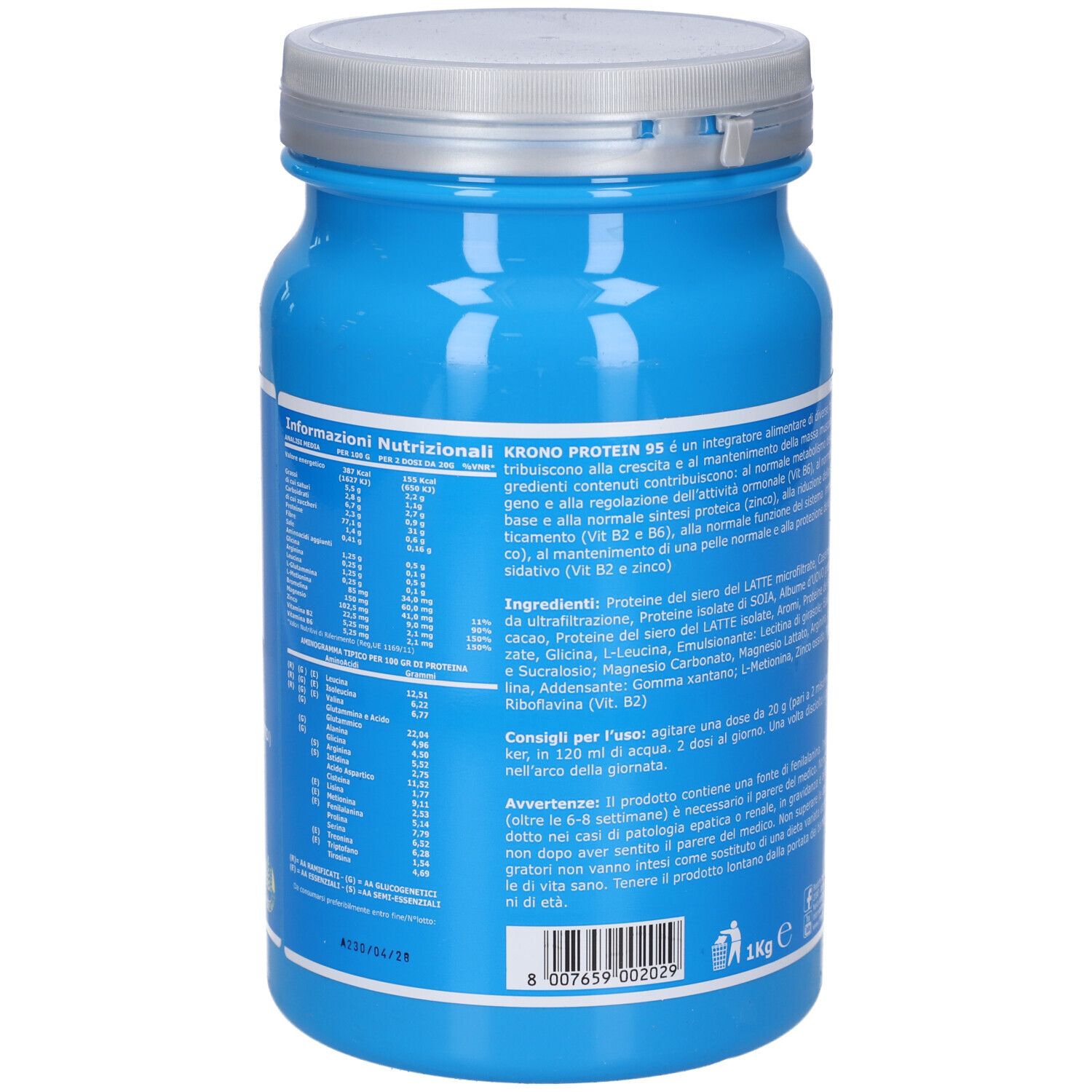 Barattolo blu, retro. Informazioni nutrizionali, ingredienti, istruzioni. Coperchio argentato. 1 kg.