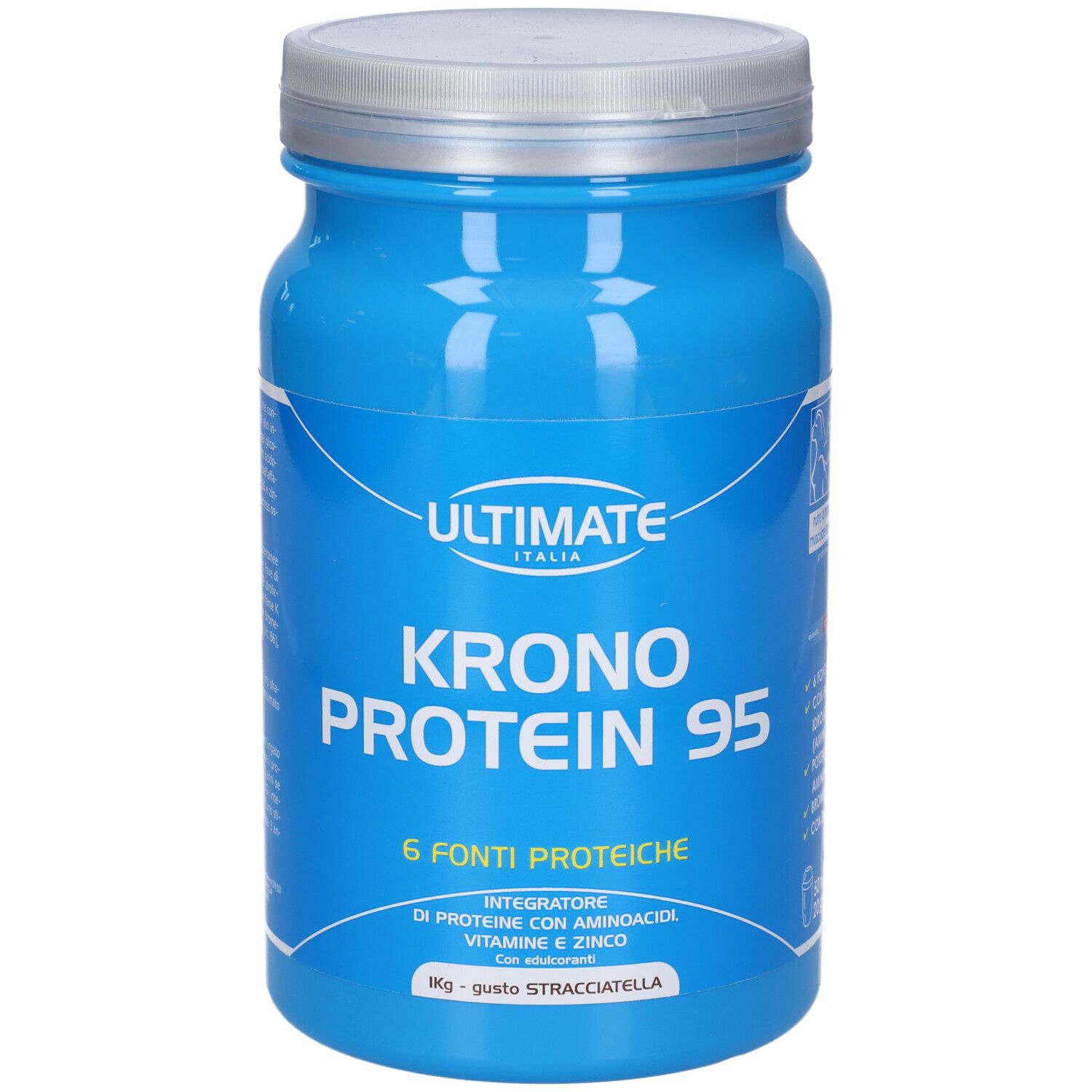 Barattolo blu, fronte. Scritta: KRONO PROTEIN 95. 6 fonti proteiche. 50x20g. Coperchio argentato.