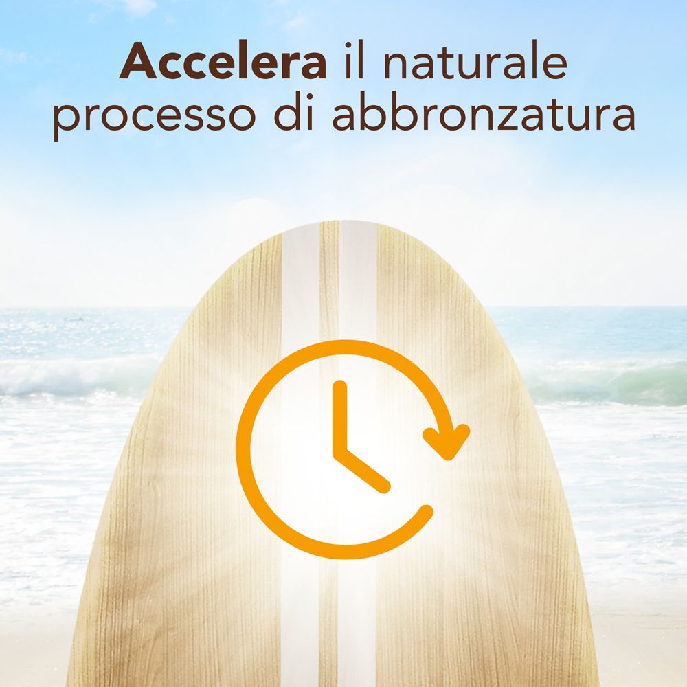Tavola da surf con orologio. Testo: Accelera il naturale processo di abbronzatura.