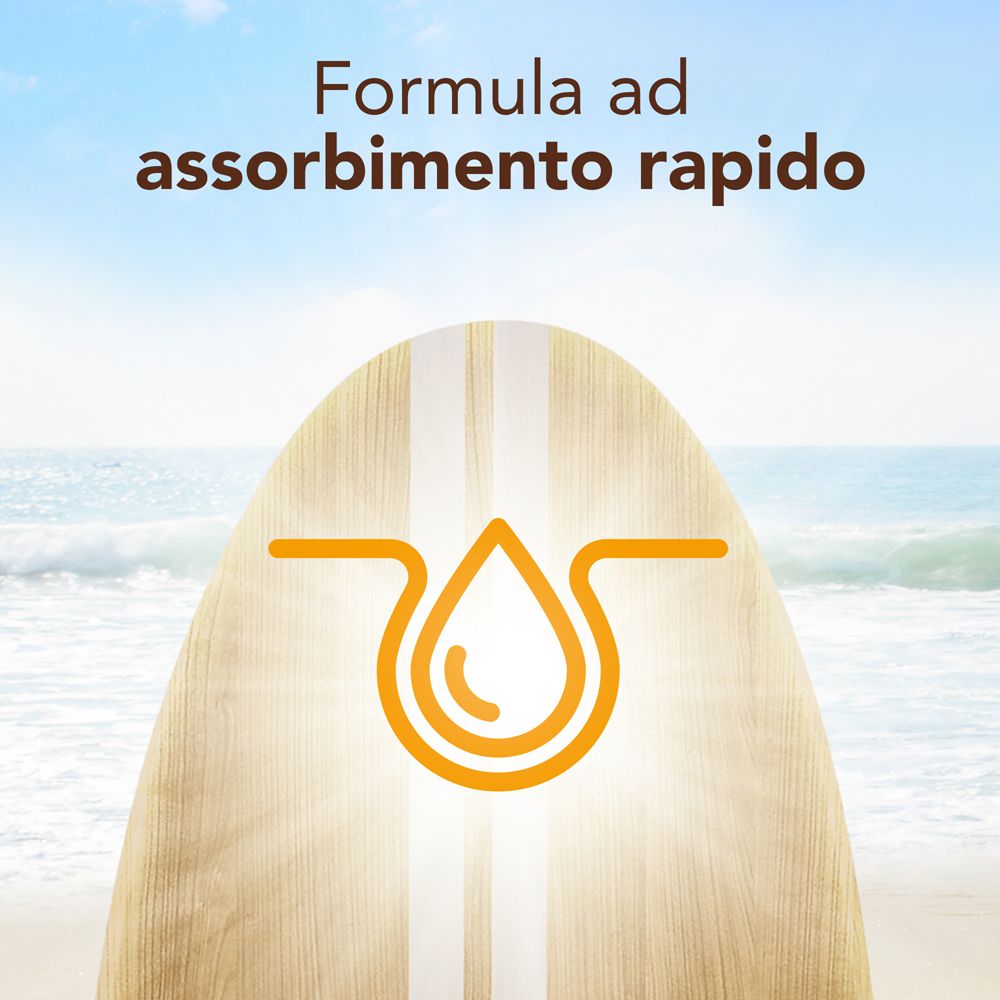 Tavola da surf con goccia. Testo: Formula ad assorbimento rapido.